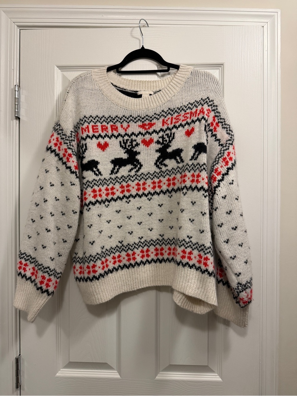 H&M Cream Christmas Reindeer Knit Sweater with Red & Black Accents